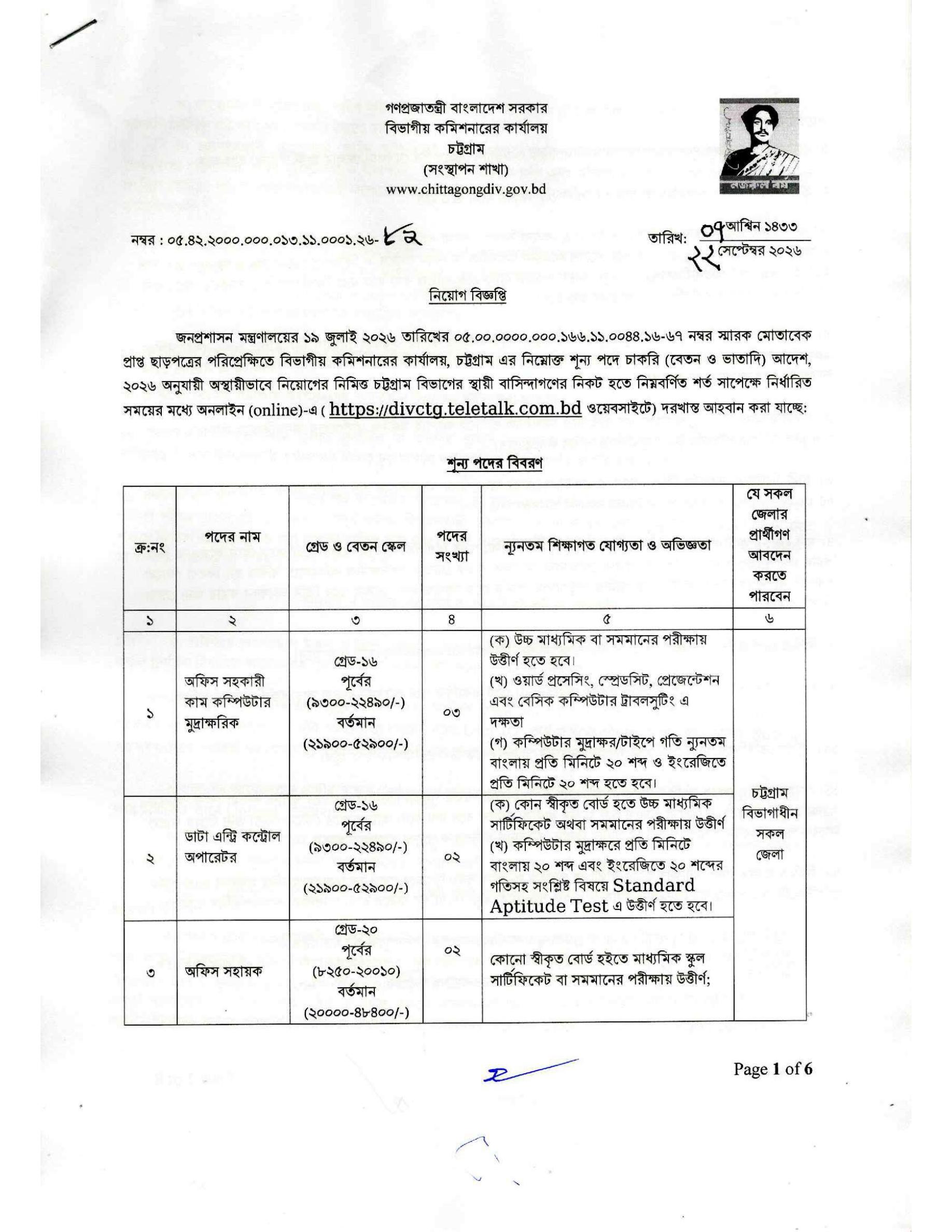 ৭ পদে চট্টগ্রাম বিভাগীয় কমিশনারের কার্যালয় নিয়োগ বিজ্ঞপ্তি ২০২৬ - পাতা 1