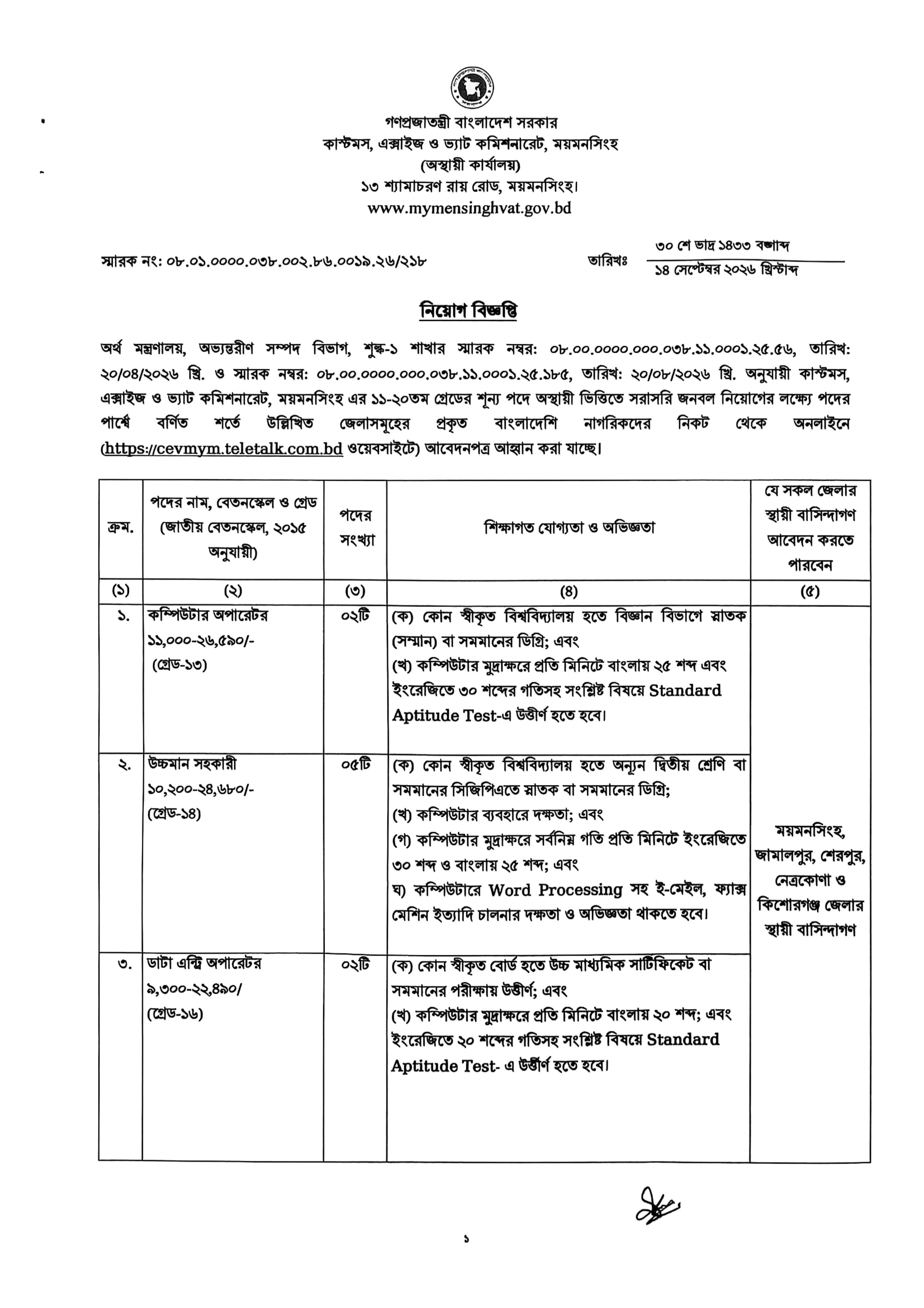 ৩৭ পদে কাস্টমস, এক্সাইজ ও ভ্যাট কমিশনারেট, ময়মনসিংহ নিয়োগ বিজ্ঞপ্তি ২০২৬ - পাতা 1